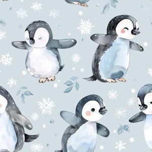 May include: A repeating pattern on a light blue background featuring watercolour illustrations of penguins with black and white feathers, pink cheeks, and outstretched wings, interspersed with white snowflakes and small blue leaves.
