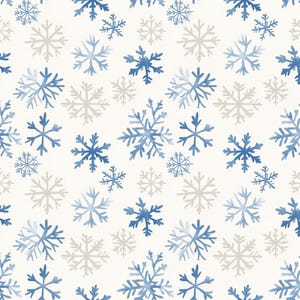 Könnte beinhalten: Ein sich wiederholendes Muster auf weißem Hintergrund mit verschiedenen Schneeflocken im Aquarellstil in Blau- und Hellgrautönen. Die Schneeflocken variieren in Größe und komplexem geometrischem Design und bilden ein winterliches Motiv.