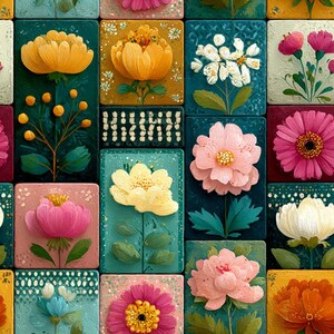 May include: A grid of rectangular tiles featuring various painted floral designs. The tiles display yellow, pink, white, and orange flowers against backgrounds of teal, pink, yellow, and dark green. Some tiles show single blossoms, while others feature stems with buds or leaves.