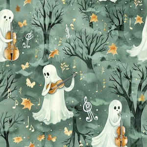 Könnte beinhalten: Ein gemusterter Stoff mit weißen Geistern, die hölzerne Streichinstrumente wie Celli und Geigen spielen, vor einem dunkelgrünen Waldhintergrund mit verstreuten goldenen Herbstblättern, weißen Musiknoten und kleinen Schmetterlingen.