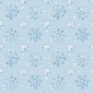 Peut inclure: Un motif répétitif de flocons de neige bleu clair et blancs sur un fond bleu pâle. Le design présente des flocons de neige cristallins à six branches de différentes tailles, répartis uniformément sur toute la surface du motif.