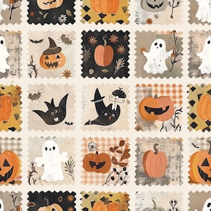 May include: A repeating pattern of square patches featuring Halloween motifs including orange pumpkins, jack-o'-lanterns, white ghosts, black bats, and witch hats. The squares have pinked edges and are set against a light cream background.