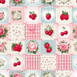 May include: A repeating fabric pattern featuring a grid of squares separated by small pink bows. The squares contain illustrations of red cherries, strawberries, pink and white roses, pink plaid, and floral prints on light blue and pink backgrounds.