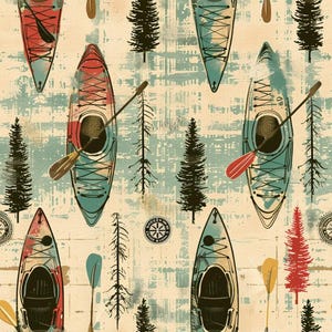 May include: A repeating pattern fabric featuring illustrations of kayaks in red and teal, accompanied by black pine tree silhouettes, paddles, and compass motifs on a light beige background with a distressed, textured grid overlay design.