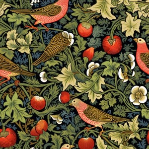May include: A repeating pattern featuring birds with orange and brown feathers interspersed among green foliage, white flowers, and round red fruits on a black background. The design showcases detailed botanical elements and avian figures.