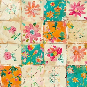 May include: A grid of sixteen square tiles featuring a variety of floral and geometric patterns. The tiles display vibrant colors including orange, teal, pink, and cream, with some showing distressed textures and hand-painted style flower motifs.
