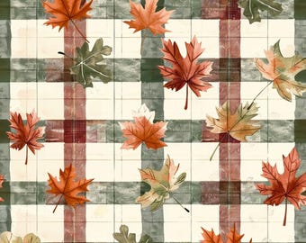 Autumn Maple Leaf Fabric Green Burgundy Plaid Fabric Fall Gingham Fabric Leaf Fabric Plaid Cotton Fabric - 100% Cotton- Continuous cuts