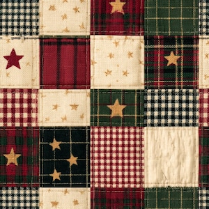 May include: A patchwork fabric featuring a repeating grid of squares in red, green, cream, and black. The pattern includes small gingham checks, plaid designs, and solid cream squares decorated with scattered gold or red star motifs.