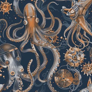 Könnte beinhalten: Ein dunkelblaues Tapetenmuster mit mehreren Kraken in Kupfer- und Bronzetönen. Das Design enthält komplexe mechanische Elemente, Zahnräder und kreisförmige Navigationsinstrumente, die zwischen den Meeresbewohnern verteilt sind.