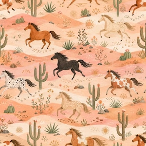 May include: A repeating pattern featuring various horses in shades of brown, black, white, and spotted coats galloping across a desert landscape. The scene includes cacti, small desert plants, and sun icons set against a light peach background.