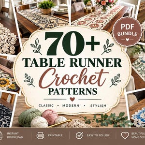 May include: A digital collection of 70+ table runner crochet patterns featuring various designs displayed on wooden tables. The central text reads 70+ TABLE RUNNER Crochet PATTERNS, CLASSIC MODERN STYLISH, and PDF BUNDLE. Includes yarn balls and a crochet hook.