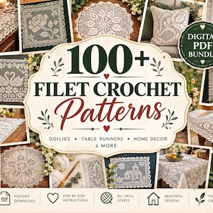 Peut inclure: Un ensemble numérique PDF comprenant plus de 100 modèles de crochet filet pour des napperons, des chemins de table et de la décoration intérieure. L'image présente divers motifs en dentelle blanche, incluant des fleurs, des cygnes et des oiseaux.