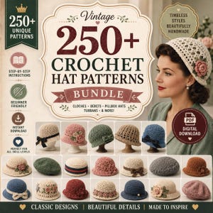 May include: A digital bundle of 250+ crochet hat patterns featuring cloches, berets, pillbox hats, and turbans. The image displays various finished hat designs in colors like beige, green, blue, pink, and brown, some adorned with floral accents.