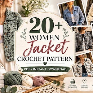 Op de afbeelding: Een digitale collectie van 20+ haakpatronen voor jasjes in verschillende stijlen, kleuren en texturen. De centrale afbeelding toont de tekst 20+ WOMEN Jacket CROCHET PATTERN PDF INSTANT DOWNLOAD, omringd door afbeeldingen van gehaakte jasjes.