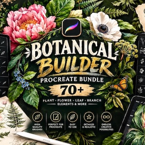 Può includere: Un set di pennelli digitali intitolato Botanical Builder Procreate Bundle con oltre 70 elementi di piante, fiori, foglie e rami. L'immagine include elenchi di tipi di pennelli, una farfalla monarca, illustrazioni floreali e un tablet.