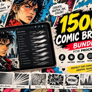 May include: A digital tablet displaying a Procreate interface with a comic book illustration and a brush library menu. The text reads 1500+ COMIC BRUSHES BUNDLE FOR PROCREATE, Made for Procreate, Bring Your Comics to Life, Create, Sketch, Ink, Color.