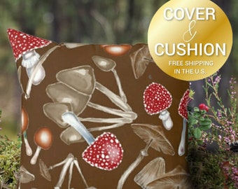 Forest Mushroom Pillow and Cover Fairy Mushrooms Pattern Throw Pillows Decorative Shroom Cushions Cute Shrooms Fungi Accent Scatter Pillows