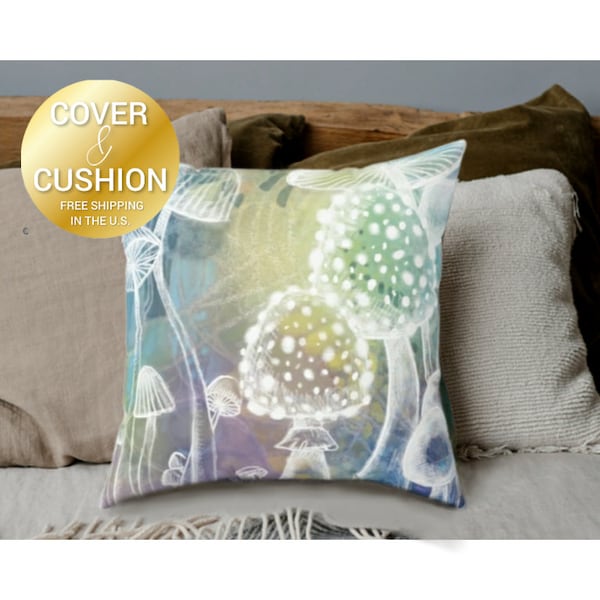 Psychedelic Mushroom Pillow & Cover Mushrooms Colorful Illustration Throw Pillows Decorative Forest Shrooms Cushions Shroom Scatter Pillows