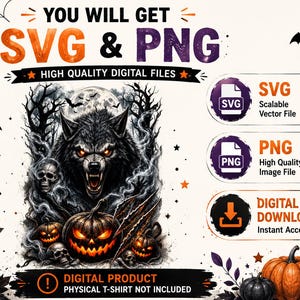 Halloween Wolf PNG, Spooky Werewolf Shirt Design, Halloween Pumpkin Skull PNG, Gothic Halloween Sublimation Design, Digital Download