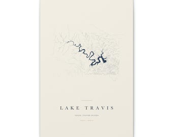 Lake Travis Map Print, Lake Travis Poster, Minimalist Lake Map Wall Art, Lake House Decor, Texas Gift on Stretched Canvas