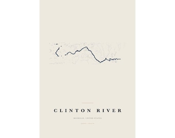Clinton River Map Print, Clinton River Poster, Minimalist River Map Wall Art, River House Decor, Michigan Gift