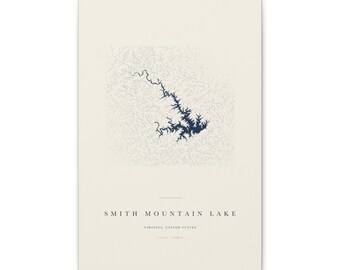 Smith Mountain Lake Map Print, Smith Mountain Lake Poster, Minimalist Lake Map Wall Art, Lake House Decor, Virginia Gift on Stretched Canvas