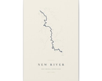 New River Map Print, New River Poster, Minimalist River Map Wall Art, River House Decor, West Virginia Gift on Stretched Canvas