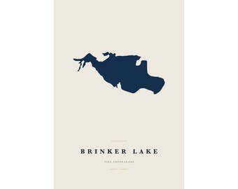 Brinker Lake Map Print, Brinker Lake Poster, Minimalist Lake Map Wall Art, Lake House Decor, Iowa Gift