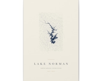 Lake Norman Map Print, Lake Norman Poster, Minimalist Lake Map Wall Art, Lake House Decor, North Carolina Gift on Stretched Canvas