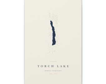 Torch Lake Map Print, Torch Lake Poster, Minimalist Lake Map Wall Art, Lake House Decor, Michigan Gift on Stretched Canvas