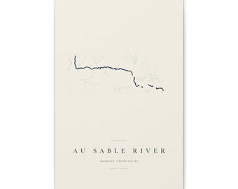 Au Sable River Map Print, Au Sable River Poster, Minimalist River Map Wall Art, River House Decor, Michigan Gift on Stretched Canvas