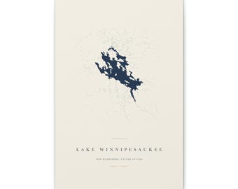 Lake Winnipesaukee Map Print, Lake Winnipesaukee Poster, Minimalist Lake Map Wall Art, Lake House Decor, New Hampshire Gift on Stretched Can