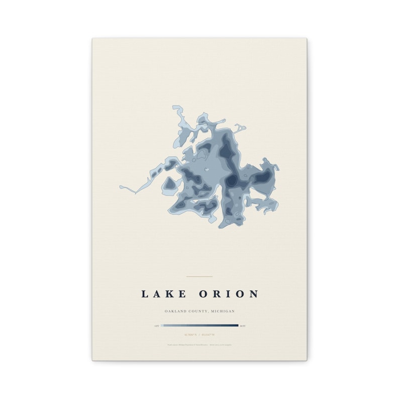 Lake Orion Depth Map, Michigan Lake Depth Chart Canvas, Oakland County ...