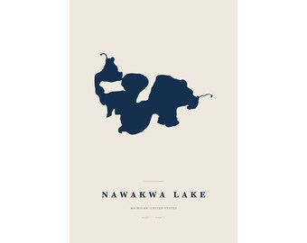 Nawakwa Lake Map Print, Nawakwa Lake Poster, Minimalist Lake Map Wall Art, Lake House Decor, Michigan Gift