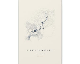 Lake Powell Map Print, Lake Powell Poster, Minimalist Lake Map Wall Art, Lake House Decor, Utah Gift on Stretched Canvas
