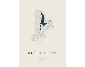 Grand Teton National Park Map Print, Grand Teton Poster, Minimalist National Park Wall Art, Wyoming Decor, Hiking Gift