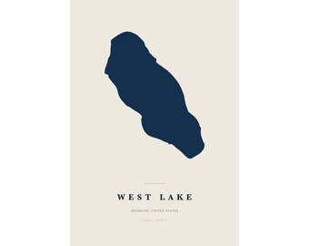 West Lake Map Print, West Lake Poster, Minimalist Lake Map Wall Art, Lake House Decor, Michigan Gift