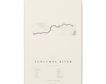 Tuolumne River Waterfall Map, California Waterfalls Print, River Map Poster, Waterfall Wall Art, California Gift on Stretched Canvas
