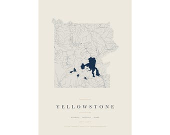 Yellowstone National Park Map Print, Yellowstone Poster, Minimalist National Park Wall Art, Wyoming Decor, Hiking Gift