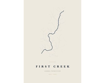 First Creek Map Print, First Creek Poster, Minimalist River Map Wall Art, River House Decor, Alabama Gift