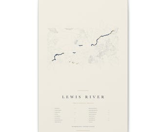 Lewis River Waterfall Map, Washington Waterfalls Print, River Map Poster, Waterfall Wall Art, Washington Gift on Stretched Canvas