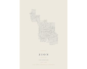 Zion National Park Map Print, Zion Poster, Minimalist National Park Wall Art, Utah Decor, Hiking Gift