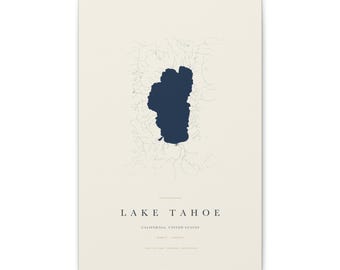 Lake Tahoe Map Print, Lake Tahoe Poster, Minimalist Lake Map Wall Art, Lake House Decor, California Gift on Stretched Canvas