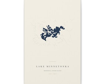 Lake Minnetonka Map Print, Lake Minnetonka Poster, Minimalist Lake Map Wall Art, Lake House Decor, Minnesota Gift on Stretched Canvas