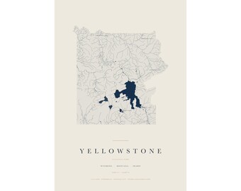 Yellowstone National Park Map Print, Yellowstone Poster, Minimalist National Park Wall Art, Wyoming Decor, Hiking Gift