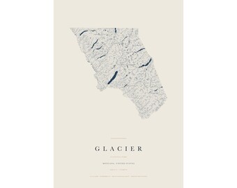 Glacier National Park Map Print, Glacier Poster, Minimalist National Park Wall Art, Montana Decor, Hiking Gift
