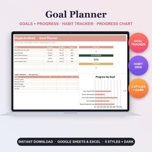 Målplanerare, vanespårare för Google Sheets och Excel, SMART-mall för målsättning, framstegs- och produktivitetsspårare, odaterad planerare