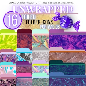 May include: A digital collection of 16 folder icons for macOS titled Unwrapped Foiled Folder Icons. The graphic features a purple wrapped candy and various rectangular folder icons displaying diverse metallic, iridescent, and crinkled foil textures in colors including lime green, magenta, silver, blue, and dark teal.