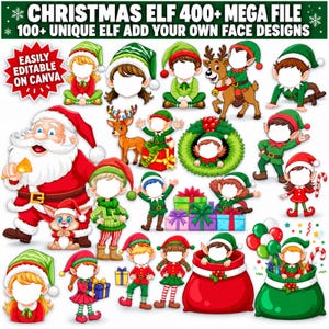 May include: A digital collection of Christmas elf illustrations featuring blank face templates for customization. The set includes various elves in green and red outfits, Santa Claus, reindeer, gift boxes, and holiday wreaths with text.