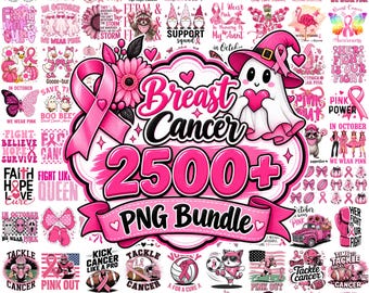 May include: A digital collection of breast cancer awareness graphics featuring pink ribbons, ghosts, gnomes, flowers, and sports themes. The central graphic displays the text Breast Cancer 2500+ PNG Bundle in bold pink and black lettering on a white background.